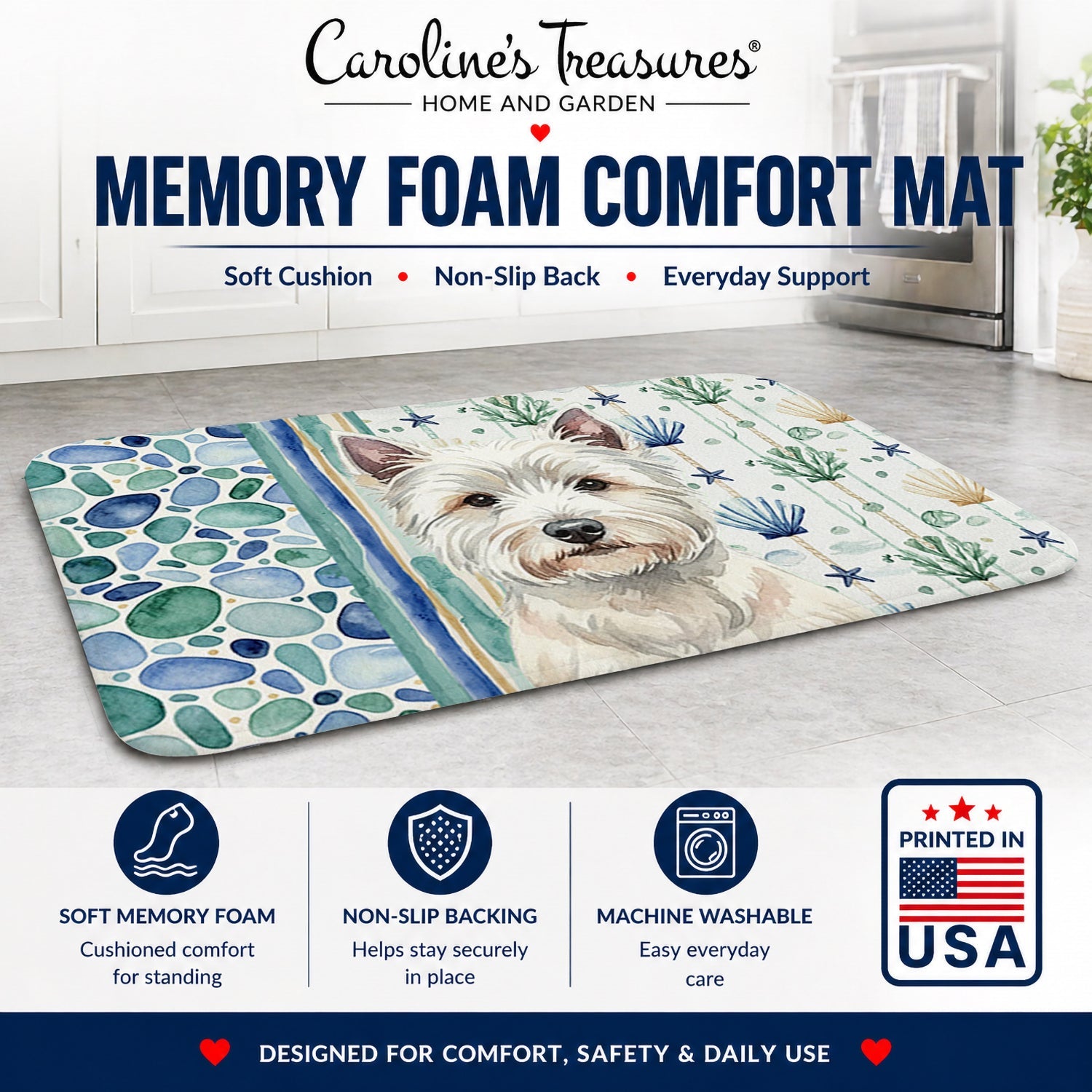 Westie Coastal Sea Glass Memory Foam Kitchen Mat Machine Washable Anti-Fatigue Cushion Comfort Bath or Kitchen Rug