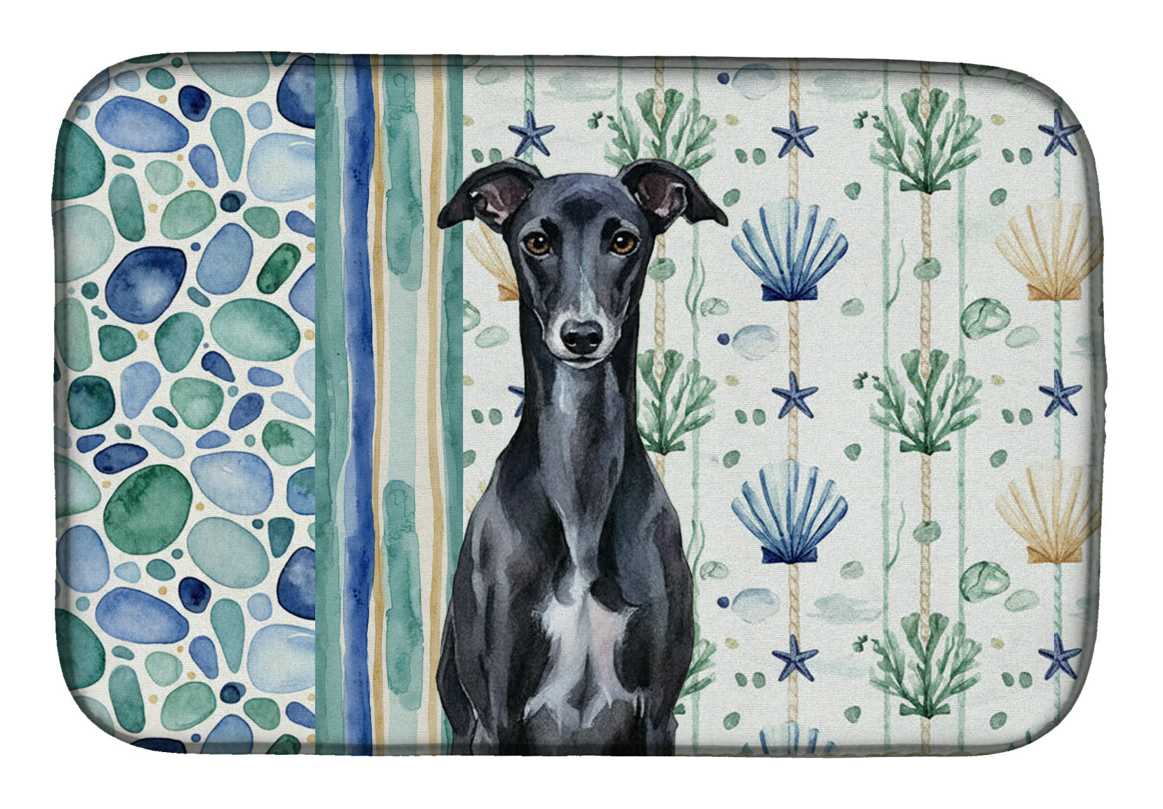 Black Whippet Coastal Sea Glass Dish Drying Mat Absorbent Dish Drying Mat Pad for Kitchen Counter Dish Drainer Mat for Countertop, 14 x 21", Multicolor