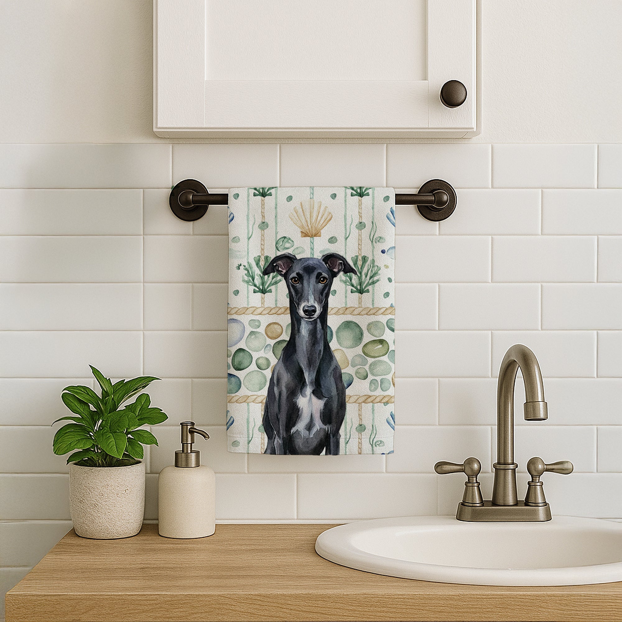 Black Whippet Coastal Sea Glass Kitchen Towel Velour Plush Front and Cotton Loop Back Machine Washable