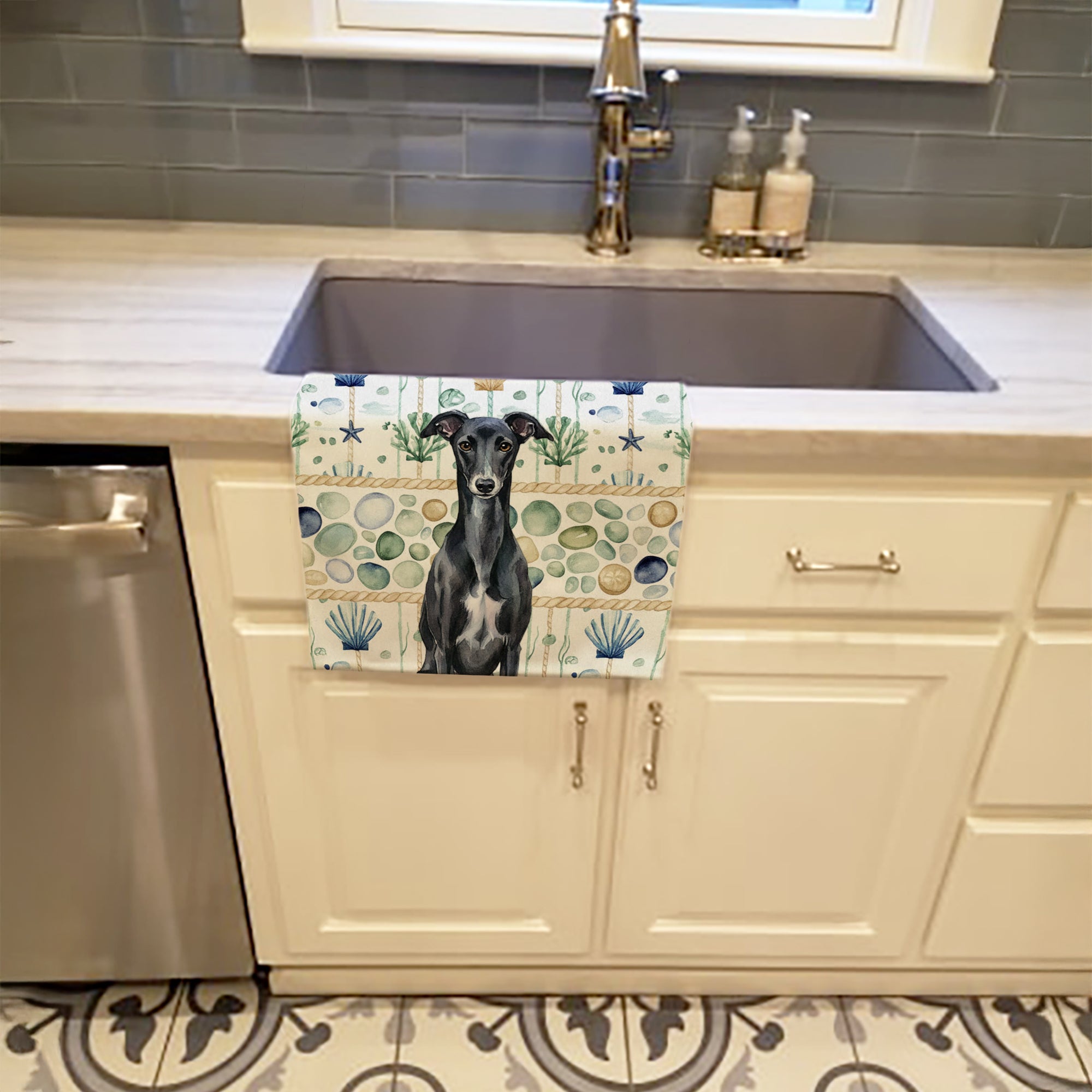 Black Whippet Coastal Sea Glass Kitchen Towel Velour Plush Front and Cotton Loop Back Machine Washable