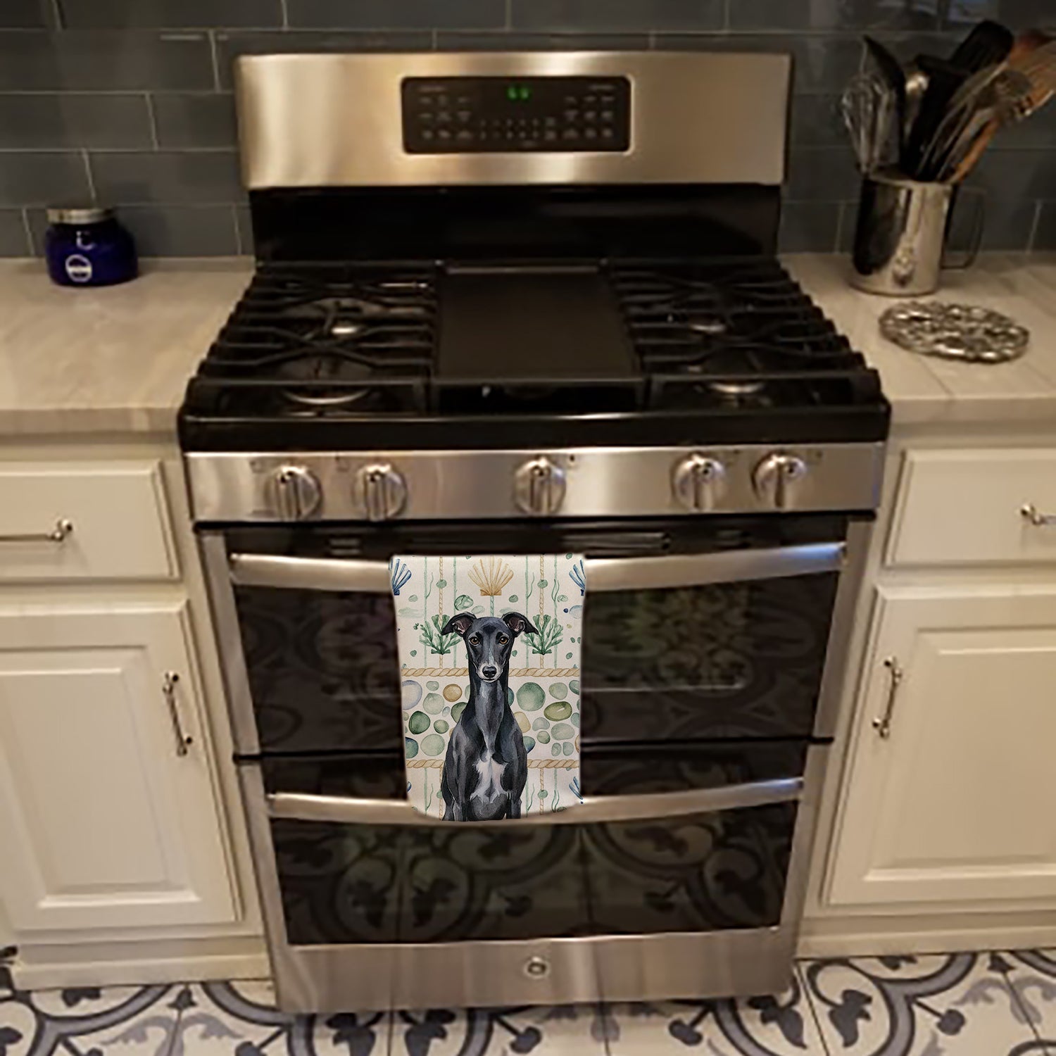 Black Whippet Coastal Sea Glass Kitchen Towel Velour Plush Front and Cotton Loop Back Machine Washable
