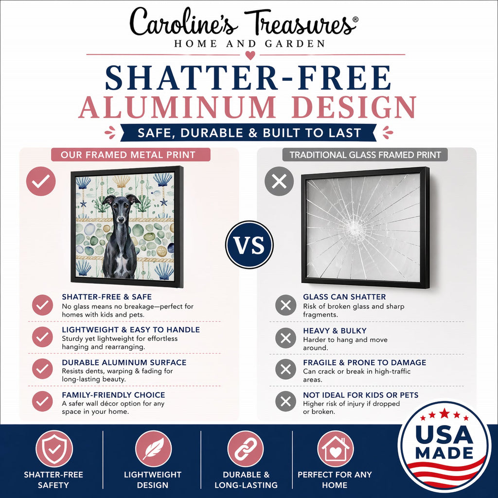 Black Whippet Coastal Sea Glass Framed Metal Print Bathroom, Kitchen, Office, Home Decor Wall Art Ready to Hang, Square, 8X8