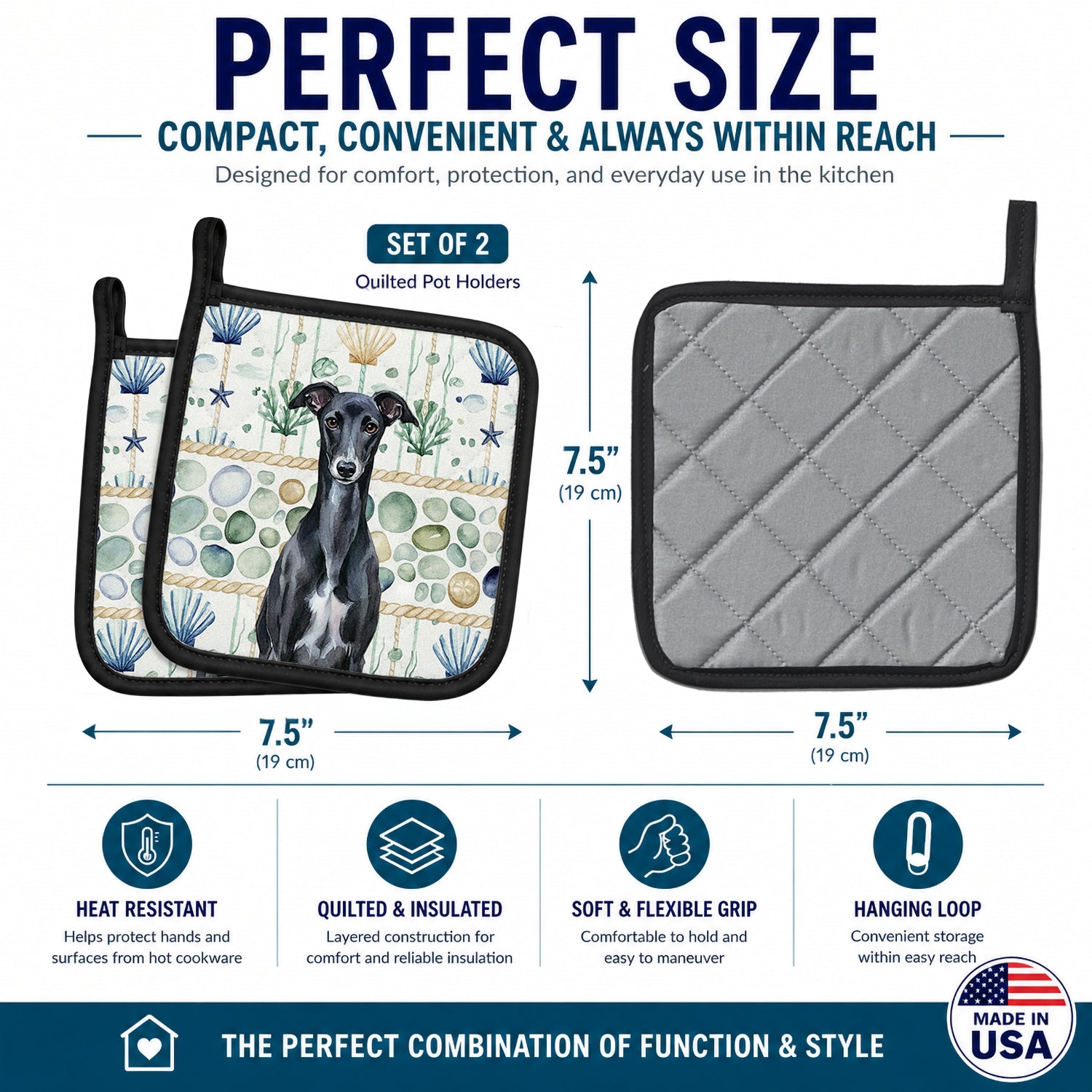 Black Whippet Coastal Sea Glass Pot Holder Set of 2 Heat Resistant Quilted Hot Pads 7.5 x 7.5 Inch, Insulated Kitchen Trivets for Cooking & Baking