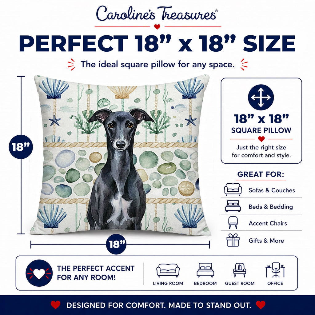 Black Whippet Coastal Sea Glass Decorative Throw Pillow 18x18 Indoor Outdoor Accent Cushion, Fabric Cover with Insert for Sofa, Bed, Porch & Living Room