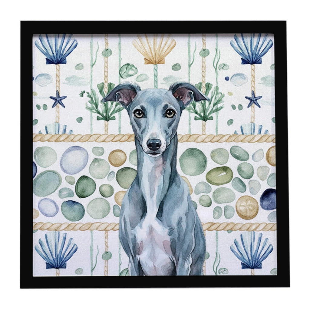 Blue Whippet Coastal Sea Glass Framed Metal Print Bathroom, Kitchen, Office, Home Decor Wall Art Ready to Hang, Square, 8X8