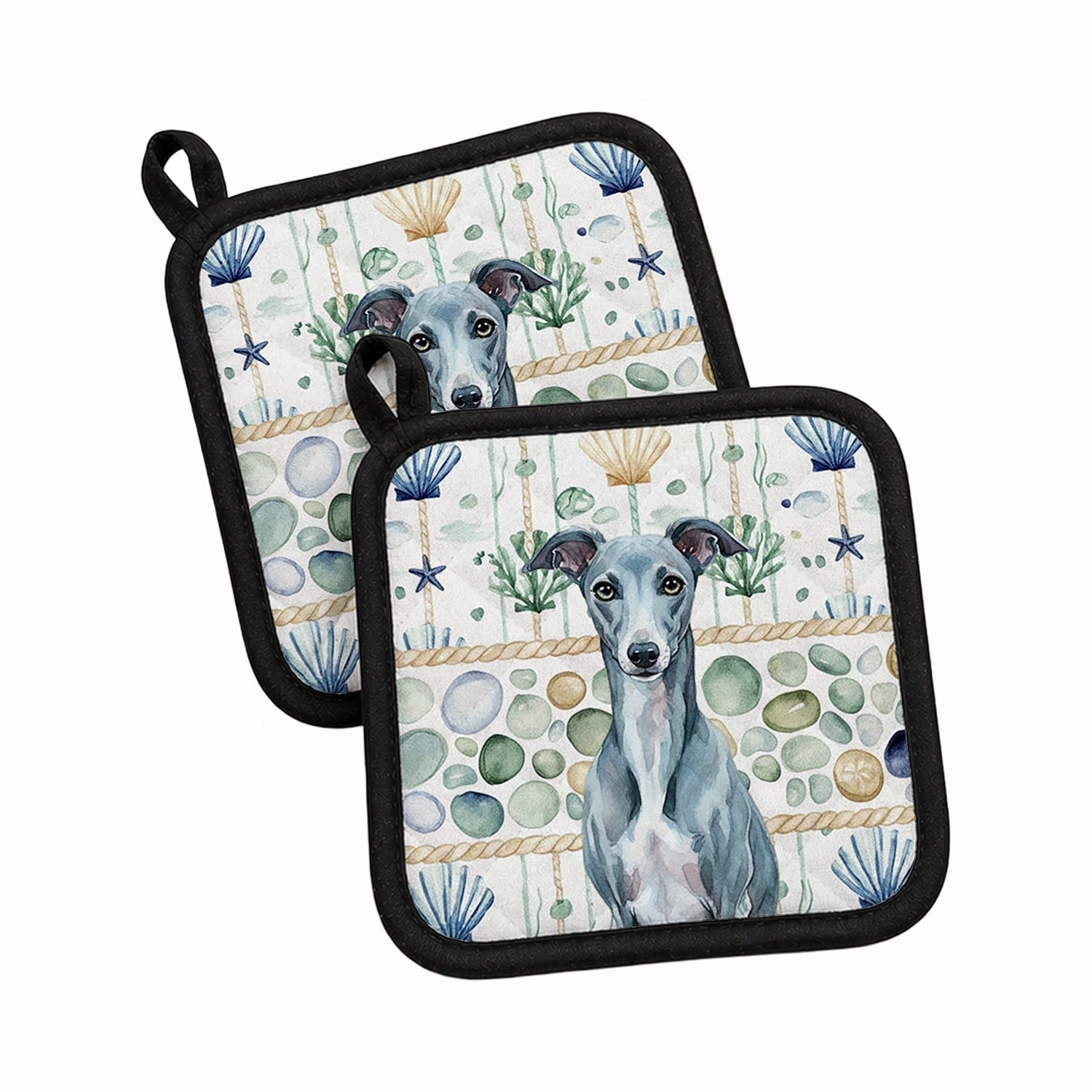 Blue Whippet Coastal Sea Glass Pot Holder Set of 2 Heat Resistant Quilted Hot Pads 7.5 x 7.5 Inch, Insulated Kitchen Trivets for Cooking & Baking