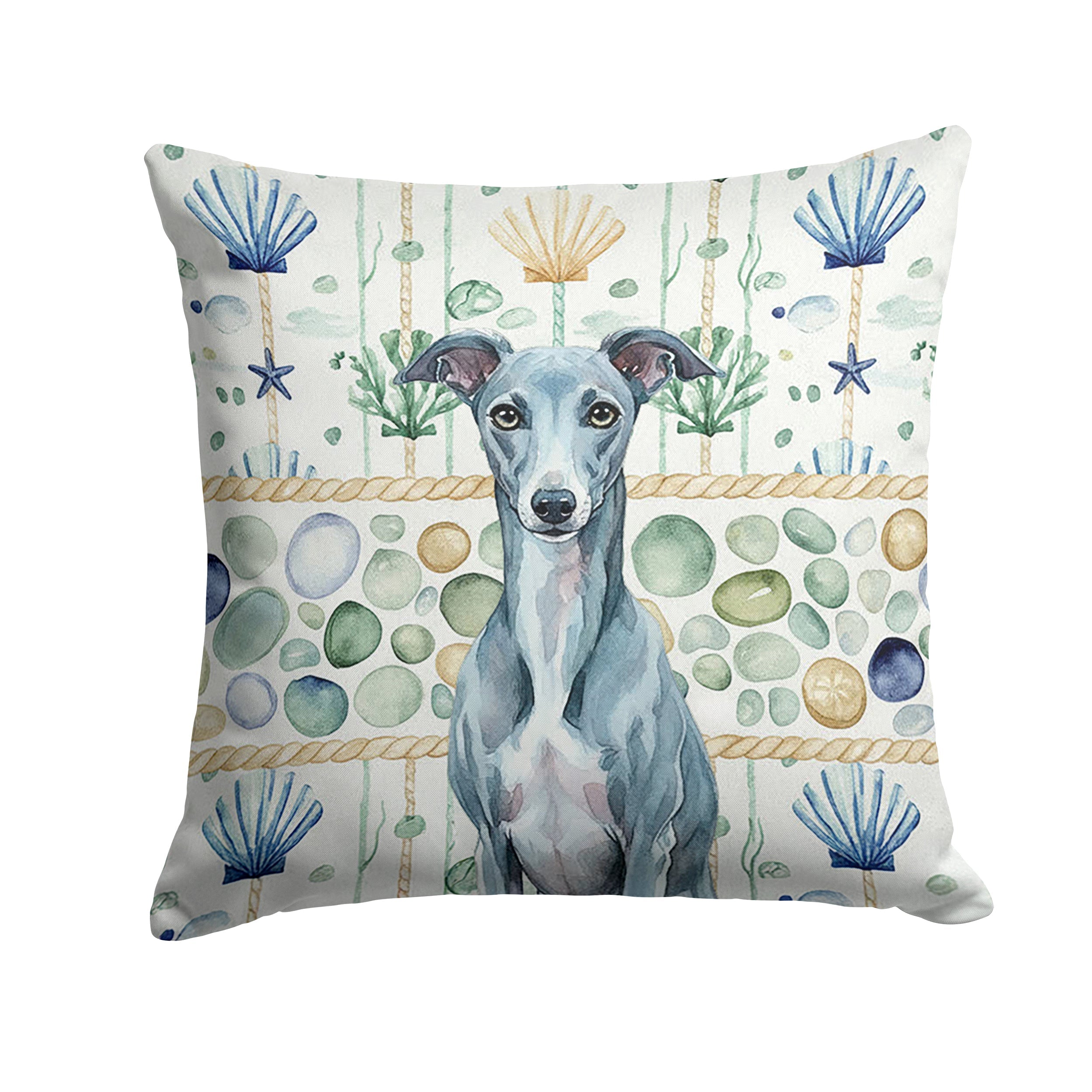 Blue Whippet Coastal Sea Glass Decorative Throw Pillow 14x14 Indoor Outdoor Accent Cushion, Fabric Cover with Insert for Sofa, Bed, Porch & Living Room