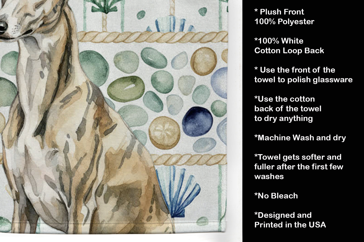 Brindle Whippet Coastal Sea Glass Kitchen Towel Velour Plush Front and Cotton Loop Back Machine Washable