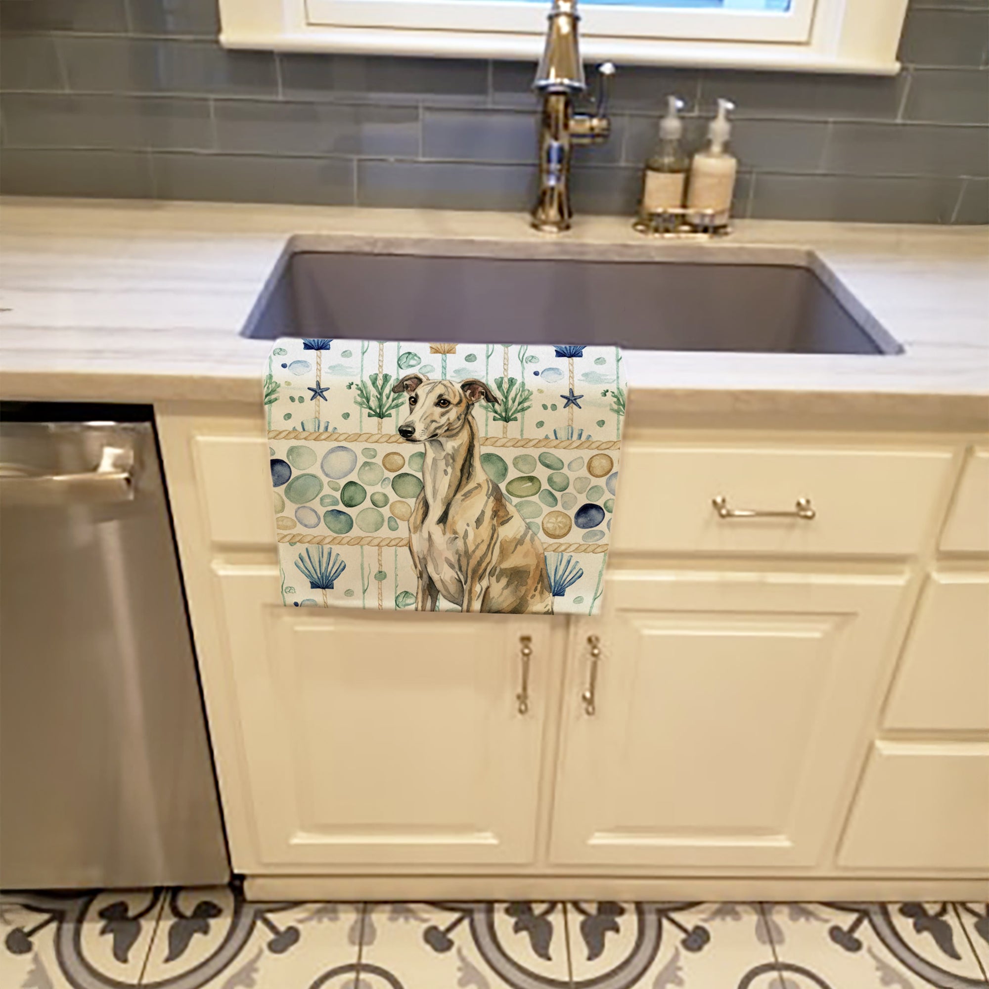 Brindle Whippet Coastal Sea Glass Kitchen Towel Velour Plush Front and Cotton Loop Back Machine Washable