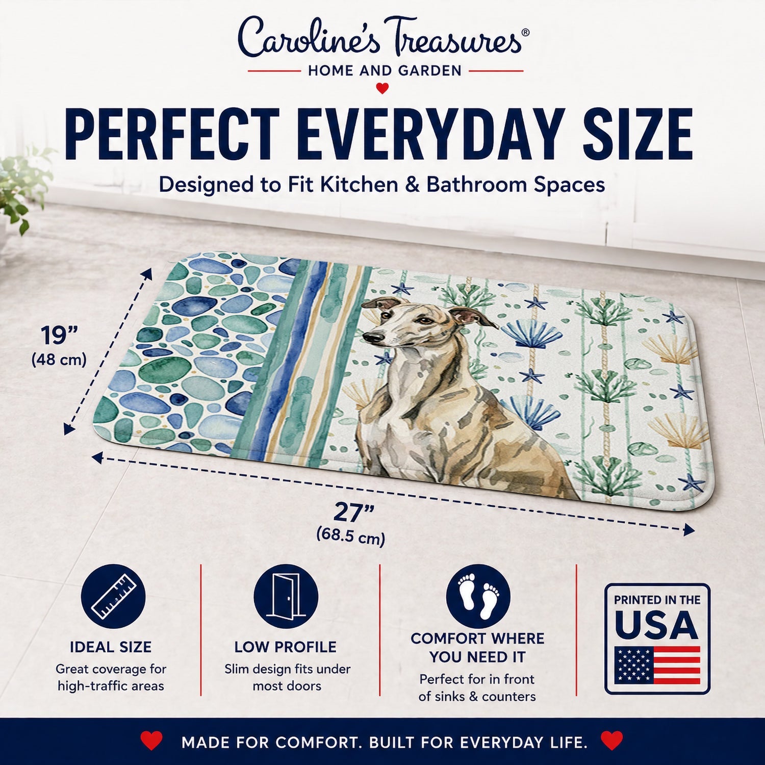 Brindle Whippet Coastal Sea Glass Memory Foam Kitchen Mat Machine Washable Anti-Fatigue Cushion Comfort Bath or Kitchen Rug