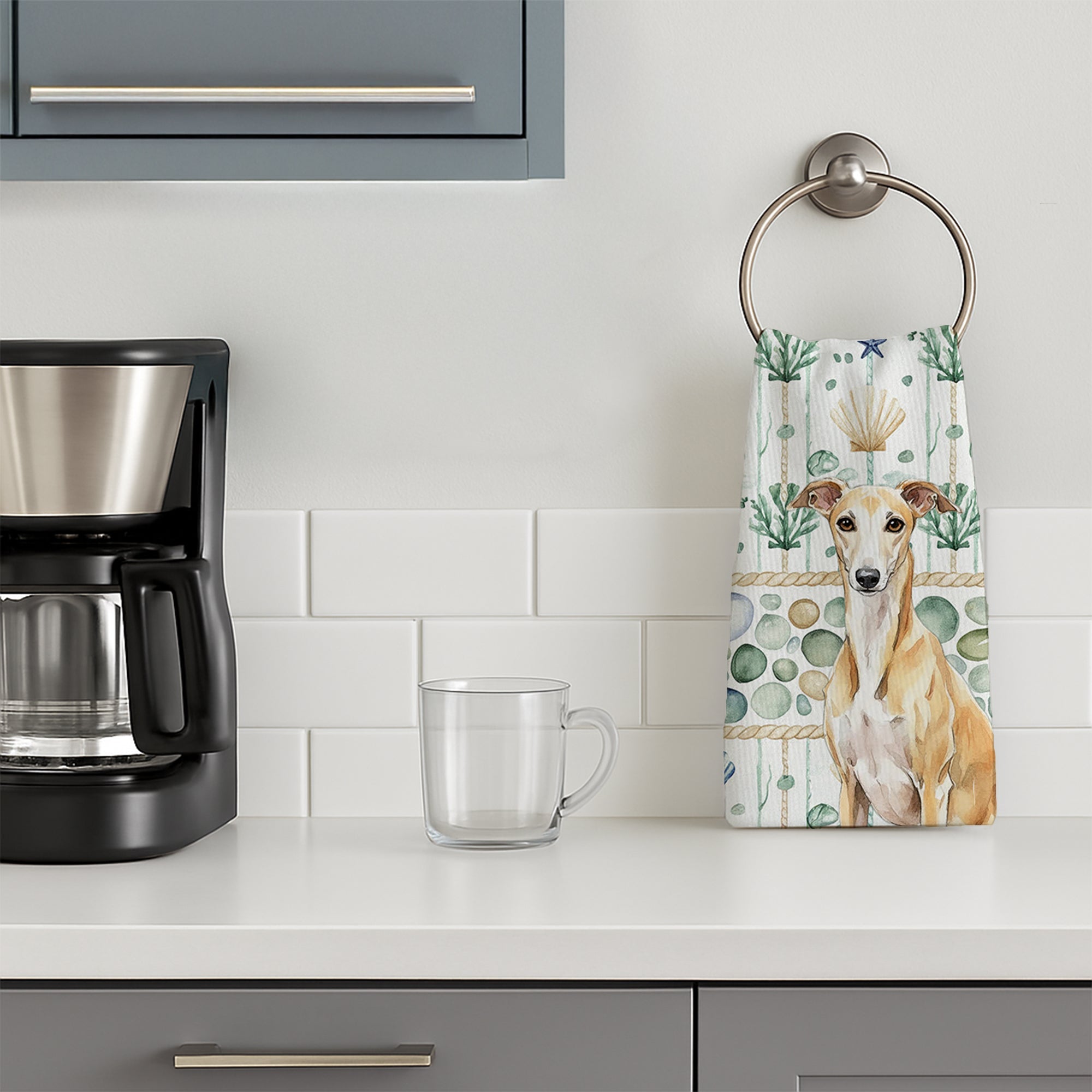 Fawn Whippet Coastal Sea Glass Kitchen Towel Velour Plush Front and Cotton Loop Back Machine Washable