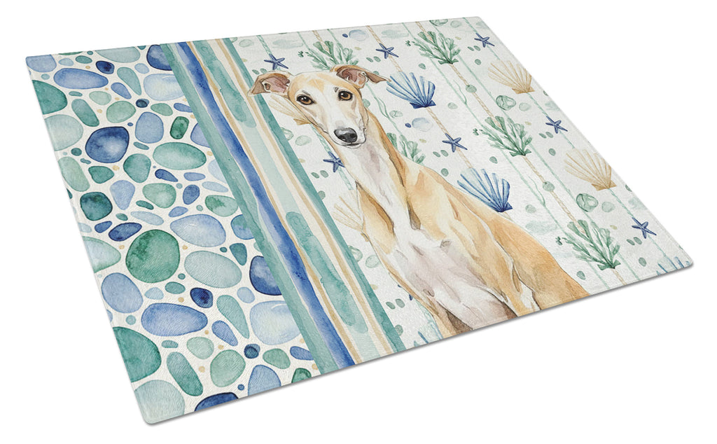 Fawn Whippet Coastal Sea Glass Cutting Board Tempered Glass Kitchen Cutting Surface, Heat Resistant Chopping, Non-Slip Feet, Food Prep & Serving
