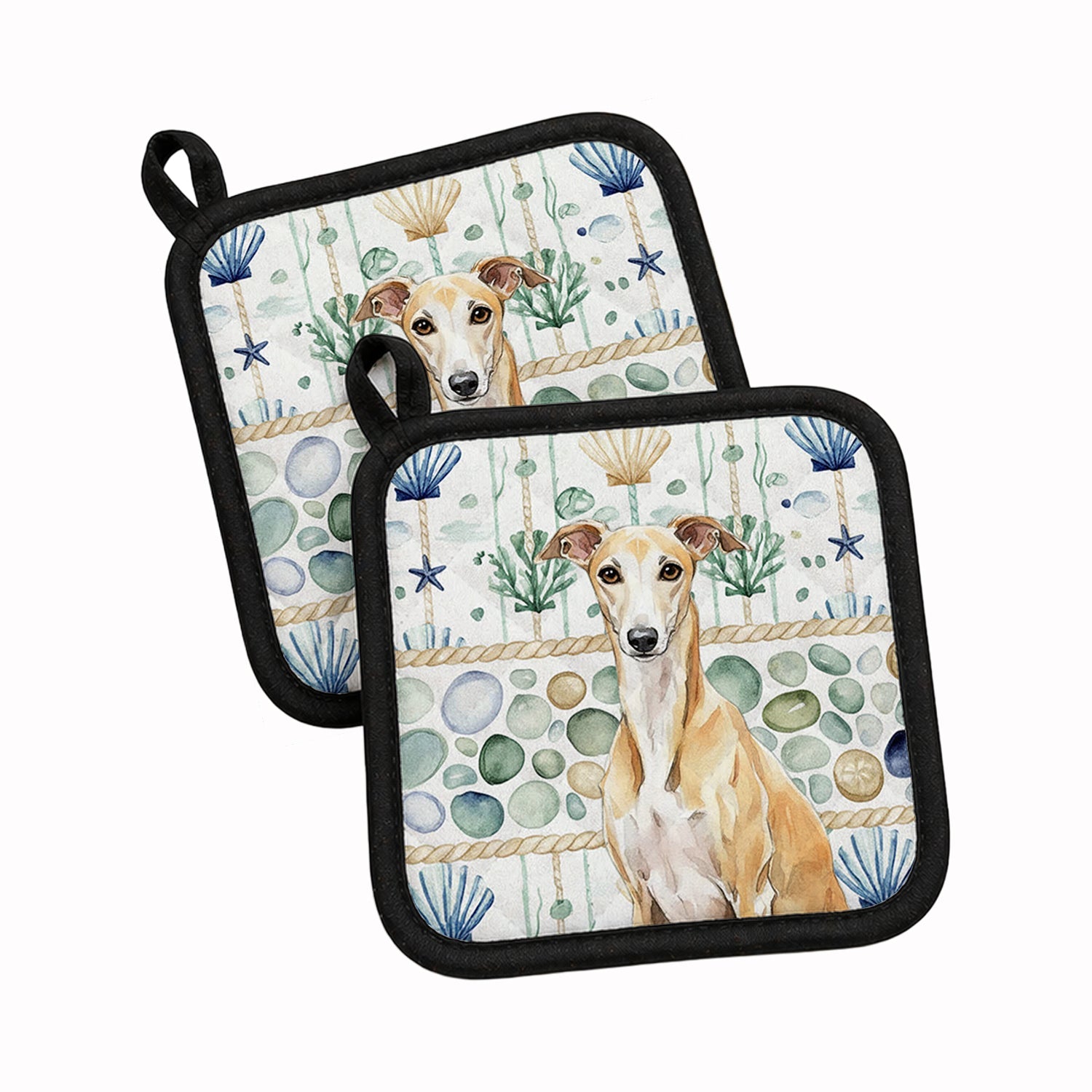 Fawn Whippet Coastal Sea Glass Pot Holder Set of 2 Heat Resistant Quilted Hot Pads 7.5 x 7.5 Inch, Insulated Kitchen Trivets for Cooking & Baking
