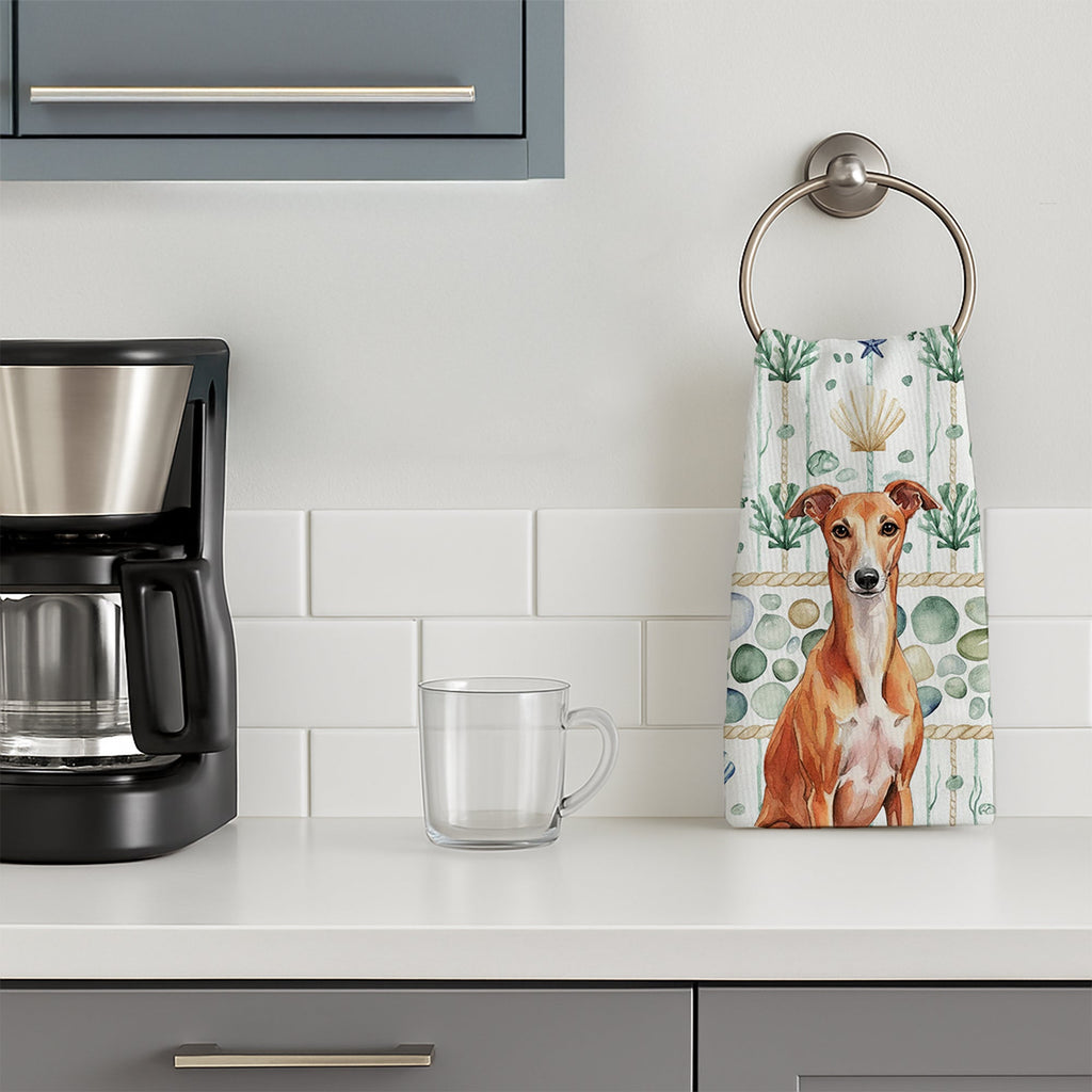 Red Whippet Coastal Sea Glass Kitchen Towel Velour Plush Front and Cotton Loop Back Machine Washable