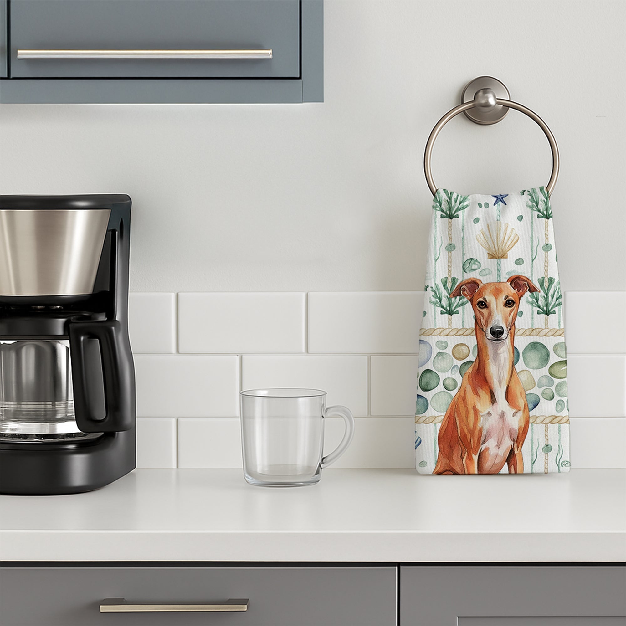 Red Whippet Coastal Sea Glass Kitchen Towel Velour Plush Front and Cotton Loop Back Machine Washable