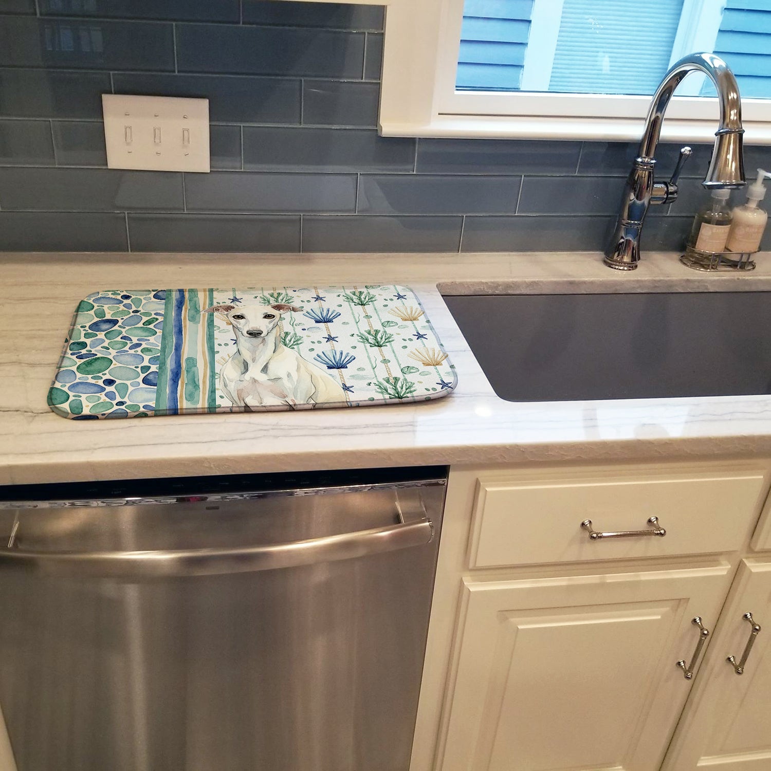 White Whippet Coastal Sea Glass Dish Drying Mat Absorbent Dish Drying Mat Pad for Kitchen Counter Dish Drainer Mat for Countertop, 14 x 21", Multicolor