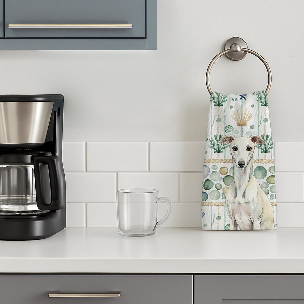 White Whippet Coastal Sea Glass Kitchen Towel Velour Plush Front and Cotton Loop Back Machine Washable