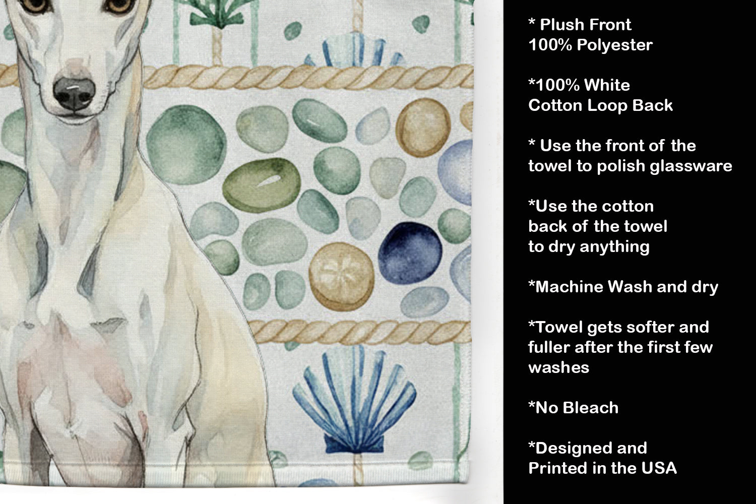 White Whippet Coastal Sea Glass Kitchen Towel Velour Plush Front and Cotton Loop Back Machine Washable