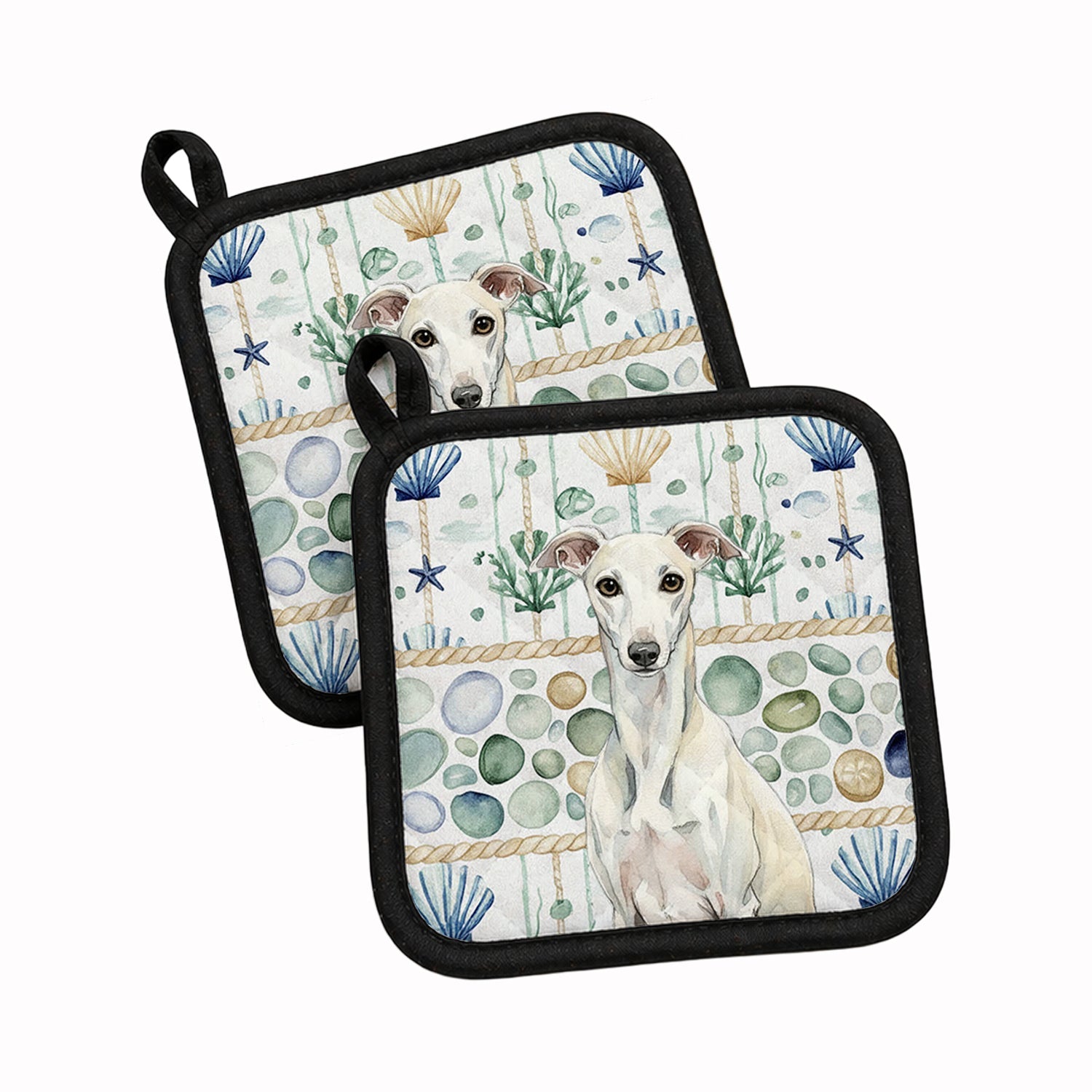 White Whippet Coastal Sea Glass Pot Holder Set of 2 Heat Resistant Quilted Hot Pads 7.5 x 7.5 Inch, Insulated Kitchen Trivets for Cooking & Baking