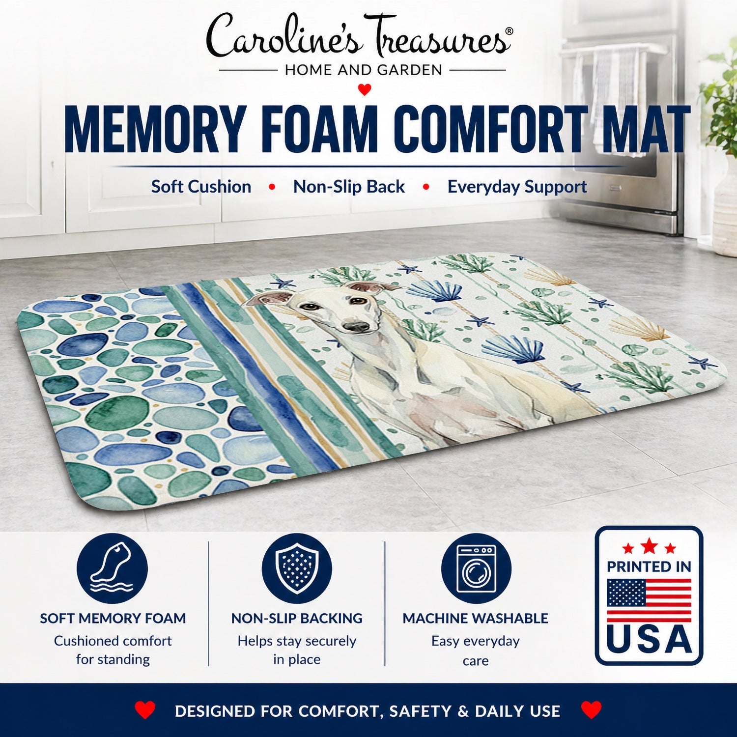 White Whippet Coastal Sea Glass Memory Foam Kitchen Mat Machine Washable Anti-Fatigue Cushion Comfort Bath or Kitchen Rug