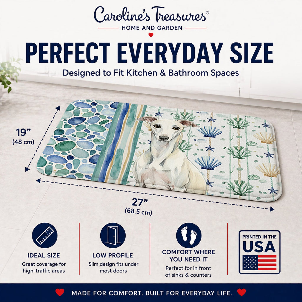 White Whippet Coastal Sea Glass Memory Foam Kitchen Mat Machine Washable Anti-Fatigue Cushion Comfort Bath or Kitchen Rug