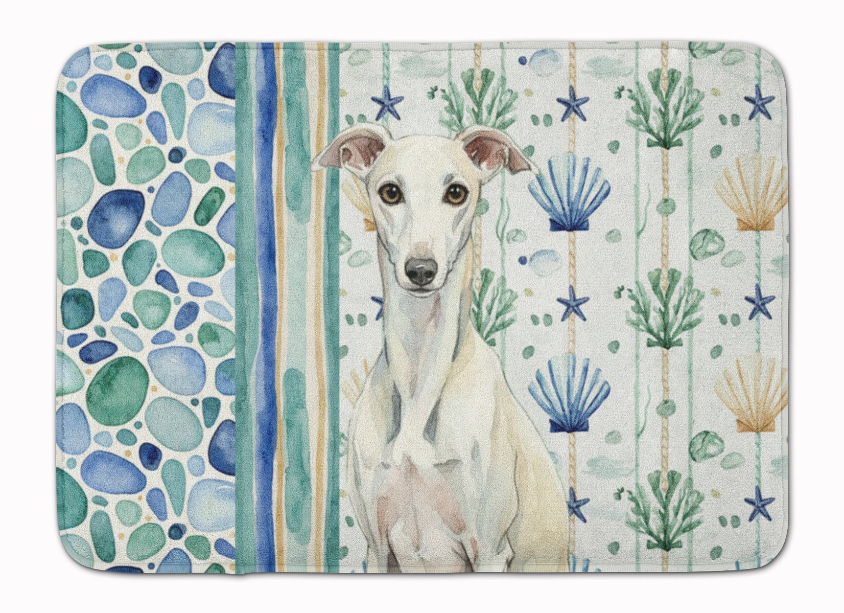 White Whippet Coastal Sea Glass Memory Foam Kitchen Mat Machine Washable Anti-Fatigue Cushion Comfort Bath or Kitchen Rug