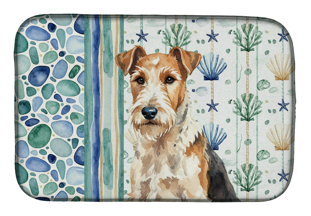 Wire Fox Terrier Coastal Sea Glass Dish Drying Mat Absorbent Dish Drying Mat Pad for Kitchen Counter Dish Drainer Mat for Countertop, 14 x 21", Multicolor