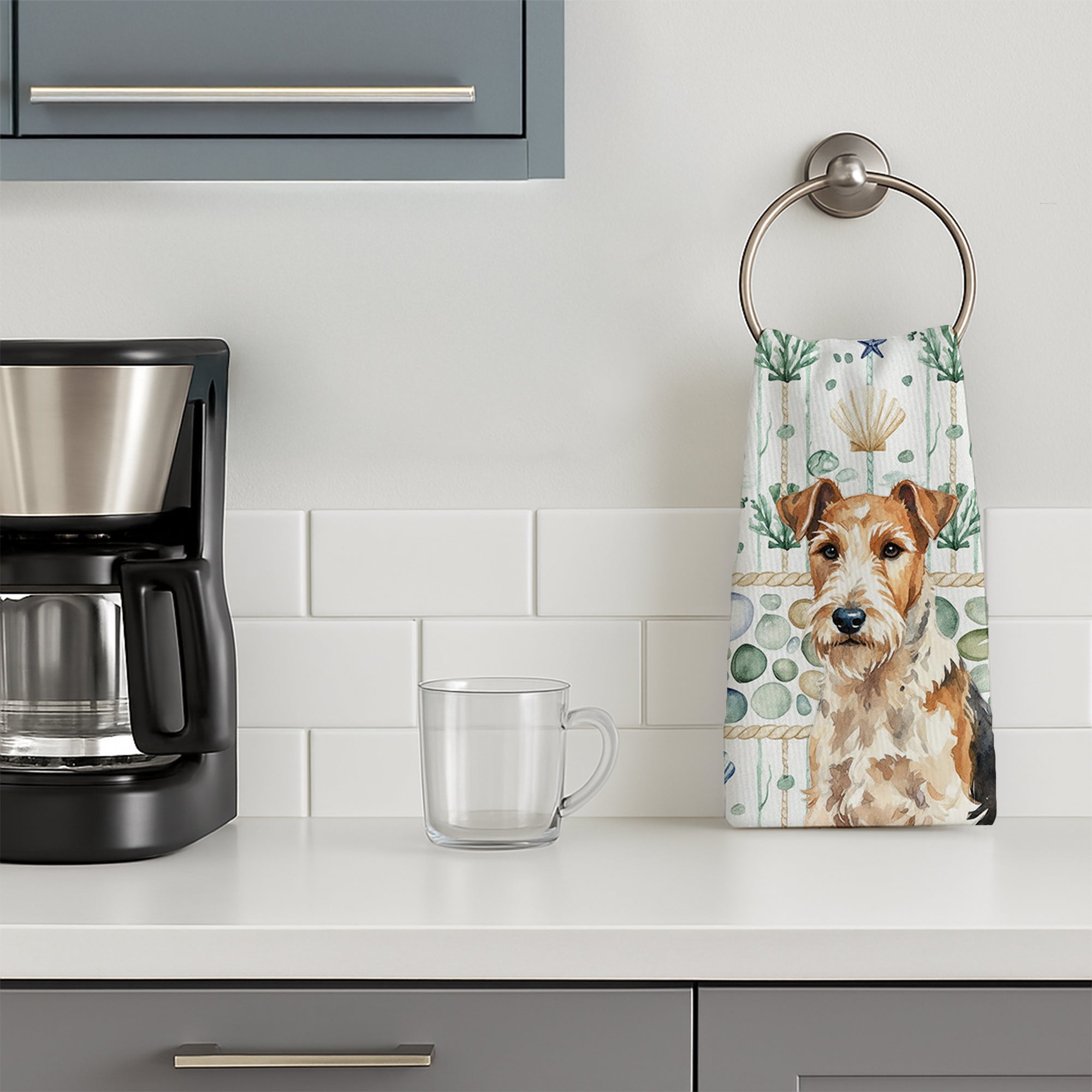 Wire Fox Terrier Coastal Sea Glass Kitchen Towel Velour Plush Front and Cotton Loop Back Machine Washable
