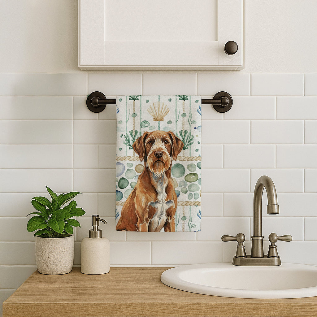 Wirehaired Pointing Griffon Coastal Sea Glass Kitchen Towel Velour Plush Front and Cotton Loop Back Machine Washable