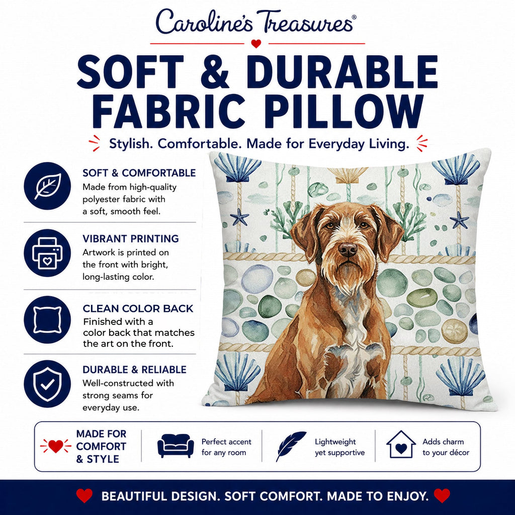Wirehaired Pointing Griffon Coastal Sea Glass Decorative Throw Pillow 14x14 Indoor Outdoor Accent Cushion, Fabric Cover with Insert for Sofa, Bed, Porch & Living Room