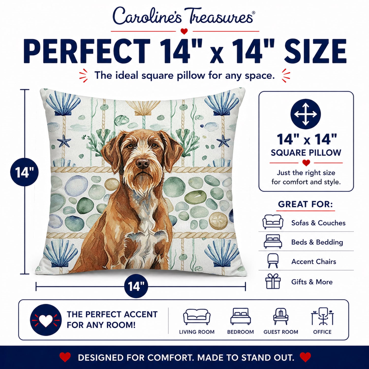 Wirehaired Pointing Griffon Coastal Sea Glass Decorative Throw Pillow 14x14 Indoor Outdoor Accent Cushion, Fabric Cover with Insert for Sofa, Bed, Porch & Living Room