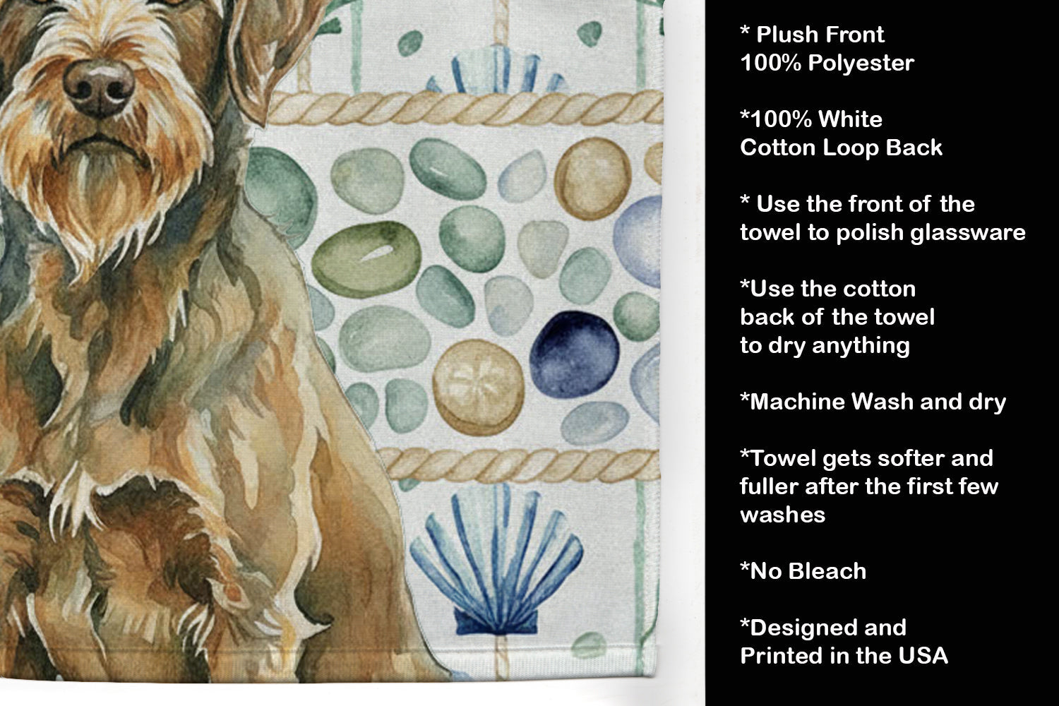 Chestnut Wirehaired Pointing Griffon Coastal Sea Glass Kitchen Towel Velour Plush Front and Cotton Loop Back Machine Washable
