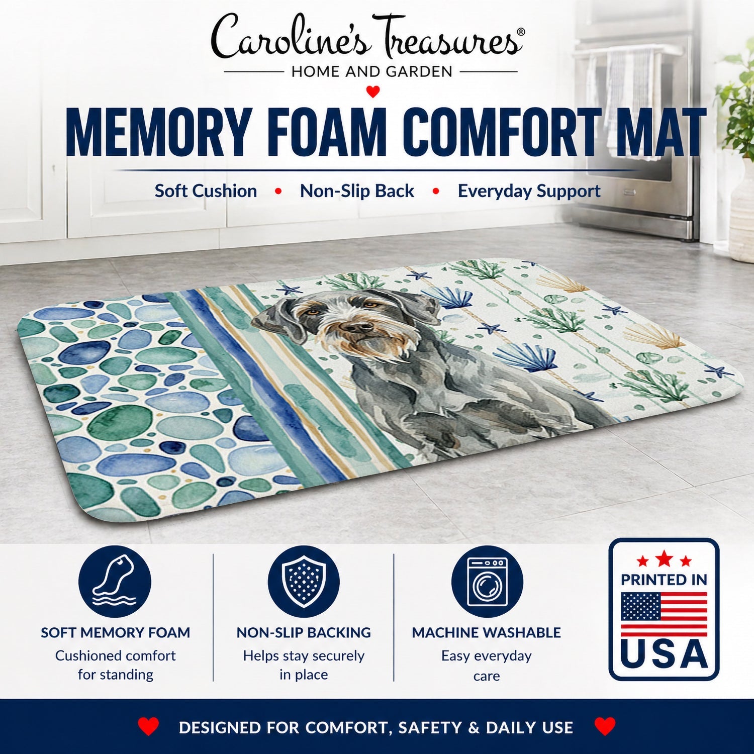 Steel Gray Wirehaired Pointing Griffon Coastal Sea Glass Memory Foam Kitchen Mat Machine Washable Anti-Fatigue Cushion Comfort Bath or Kitchen Rug