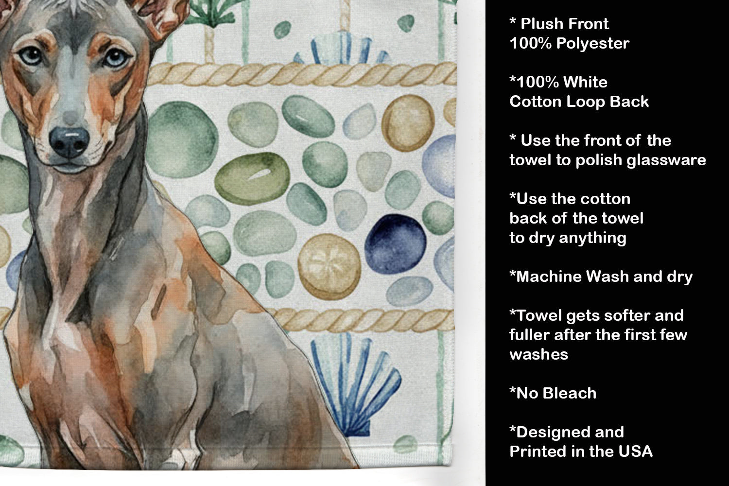 Xoloitzcuintli Coastal Sea Glass Kitchen Towel Velour Plush Front and Cotton Loop Back Machine Washable