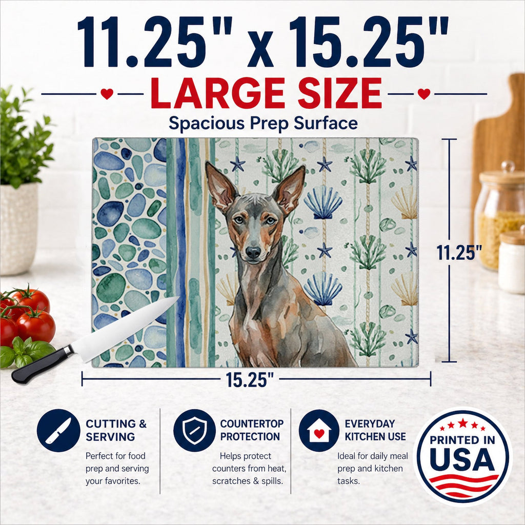 Xoloitzcuintli Coastal Sea Glass Cutting Board Tempered Glass Kitchen Cutting Surface, Heat Resistant Chopping, Non-Slip Feet, Food Prep & Serving