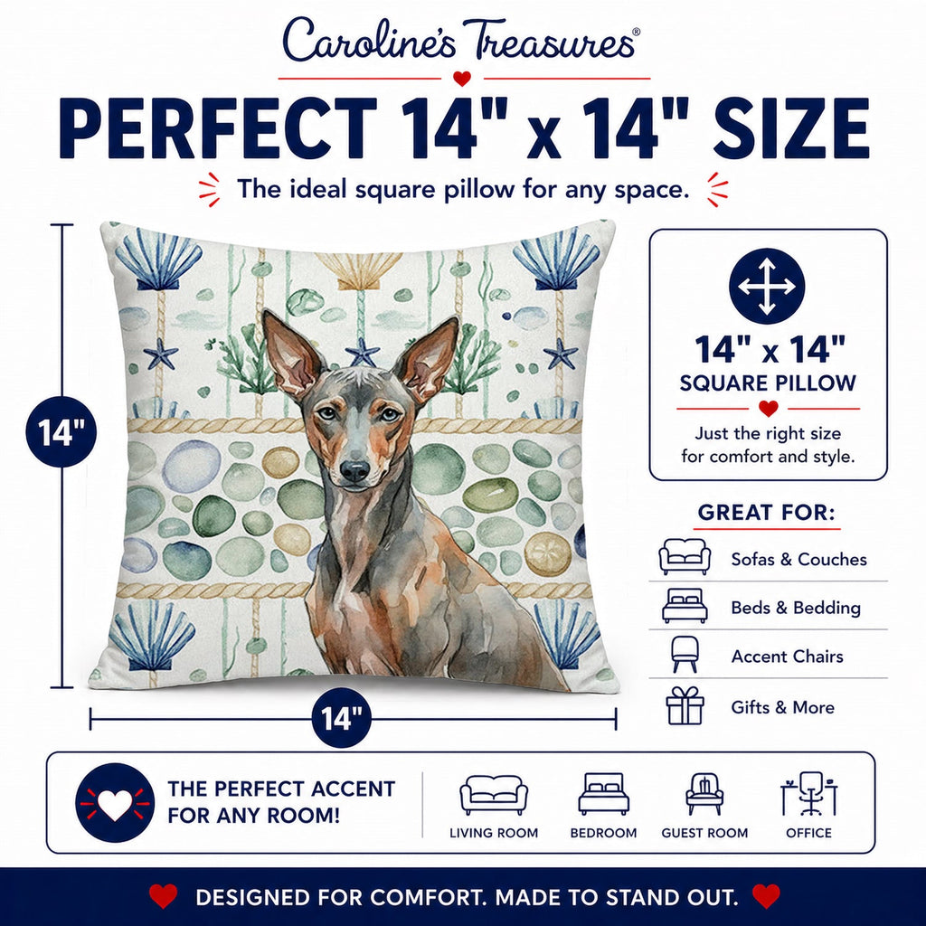 Xoloitzcuintli Coastal Sea Glass Decorative Throw Pillow 14x14 Indoor Outdoor Accent Cushion, Fabric Cover with Insert for Sofa, Bed, Porch & Living Room