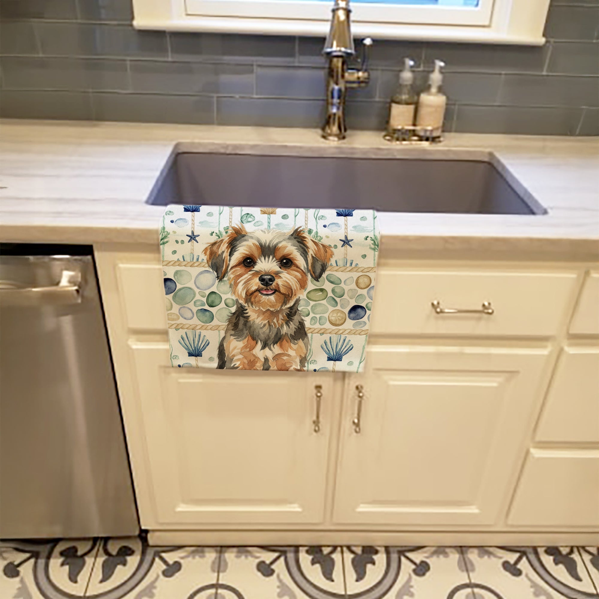 Yorkiepoo Coastal Sea Glass Kitchen Towel Velour Plush Front and Cotton Loop Back Machine Washable