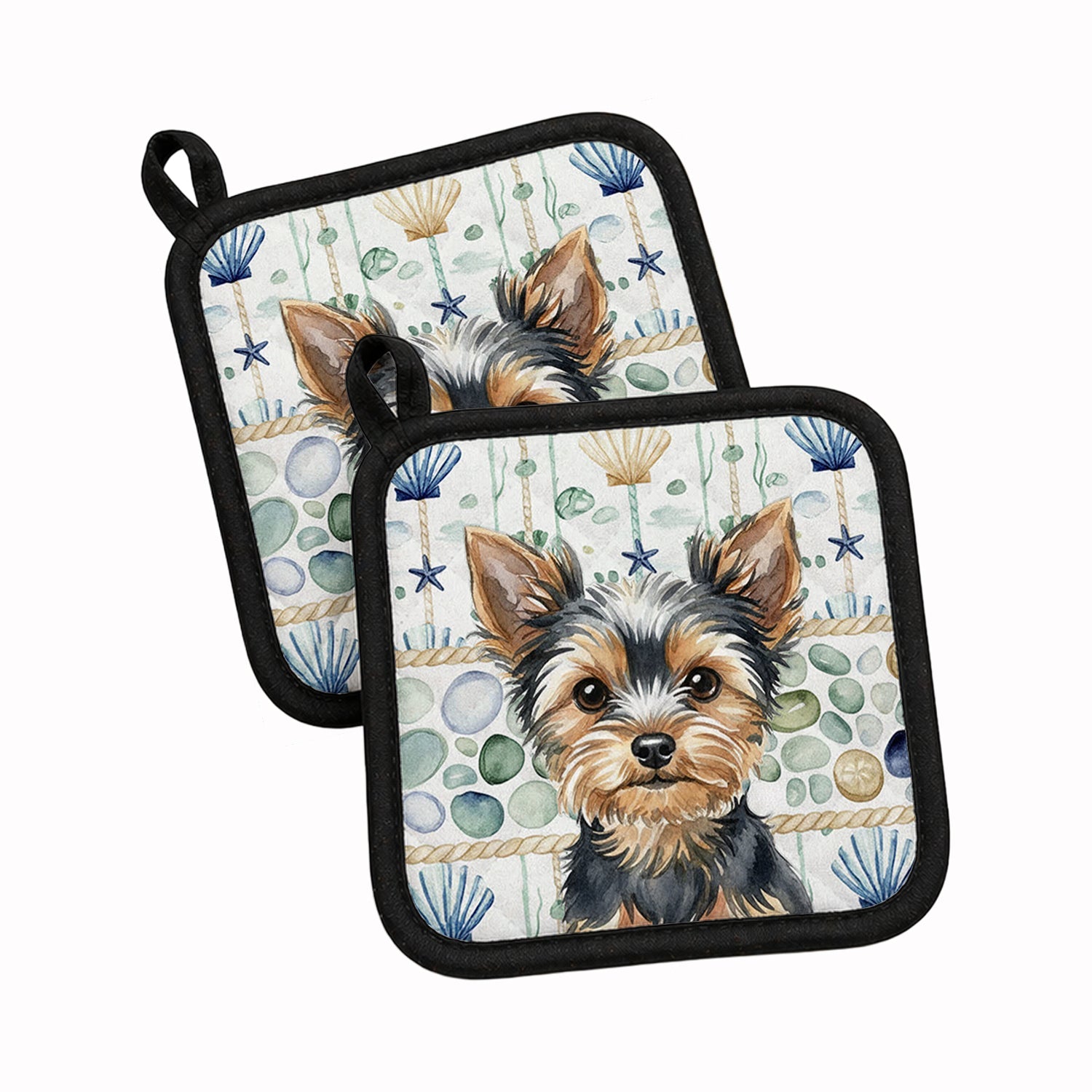 Black and Tan Yorkshire Terrier Coastal Sea Glass Pot Holder Set of 2 Heat Resistant Quilted Hot Pads 7.5 x 7.5 Inch, Insulated Kitchen Trivets for Cooking & Baking