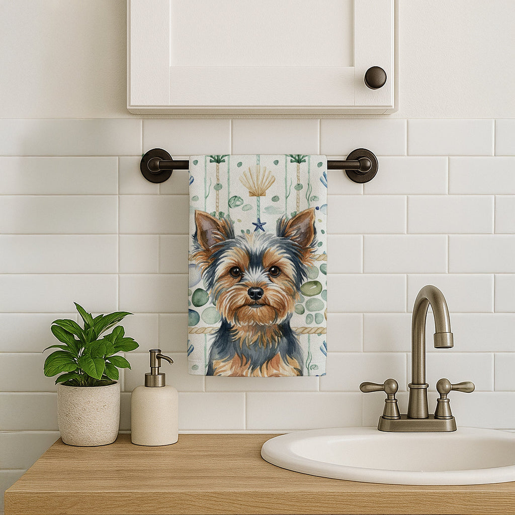 Blue and Tan Yorkshire Terrier Coastal Sea Glass Kitchen Towel Velour Plush Front and Cotton Loop Back Machine Washable
