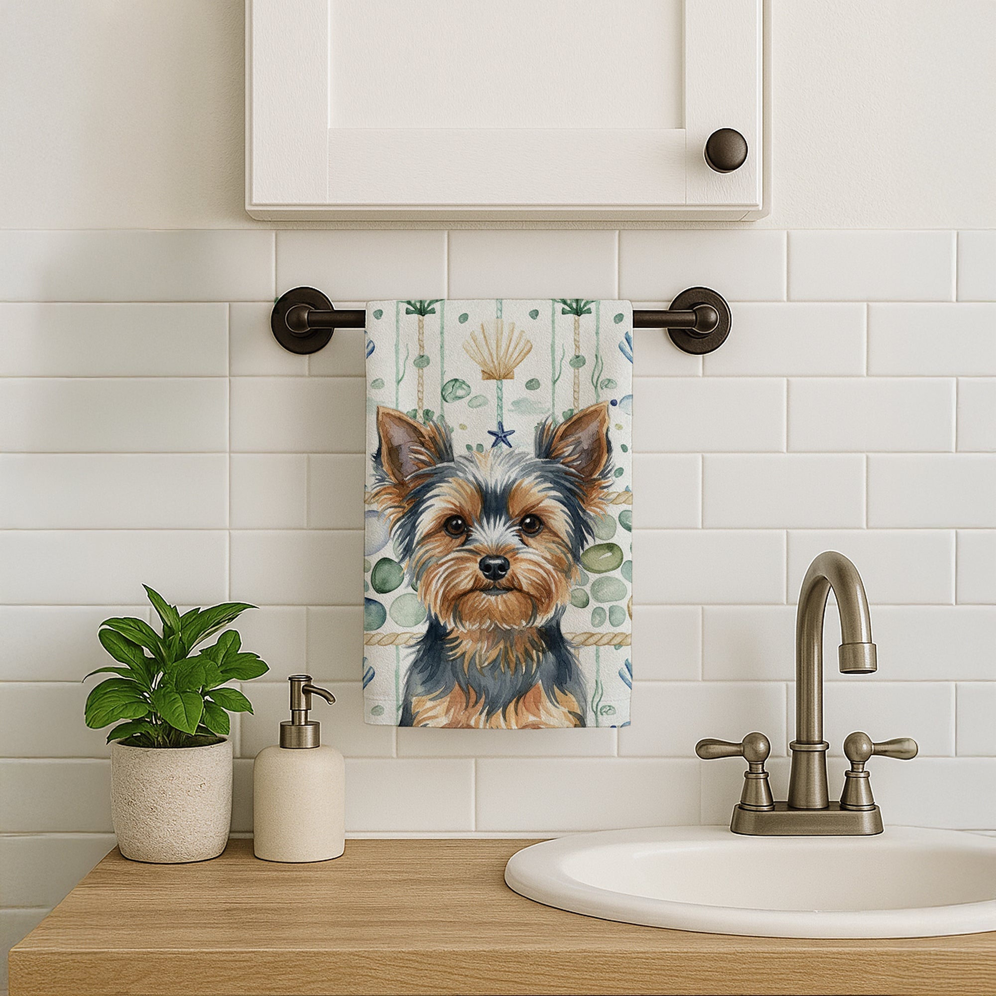 Blue and Tan Yorkshire Terrier Coastal Sea Glass Kitchen Towel Velour Plush Front and Cotton Loop Back Machine Washable