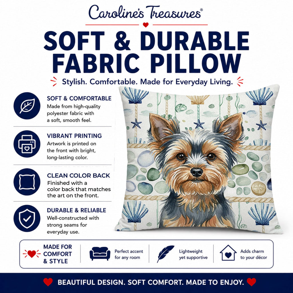 Blue and Tan Yorkshire Terrier Coastal Sea Glass Decorative Throw Pillow 14x14 Indoor Outdoor Accent Cushion, Fabric Cover with Insert for Sofa, Bed, Porch & Living Room