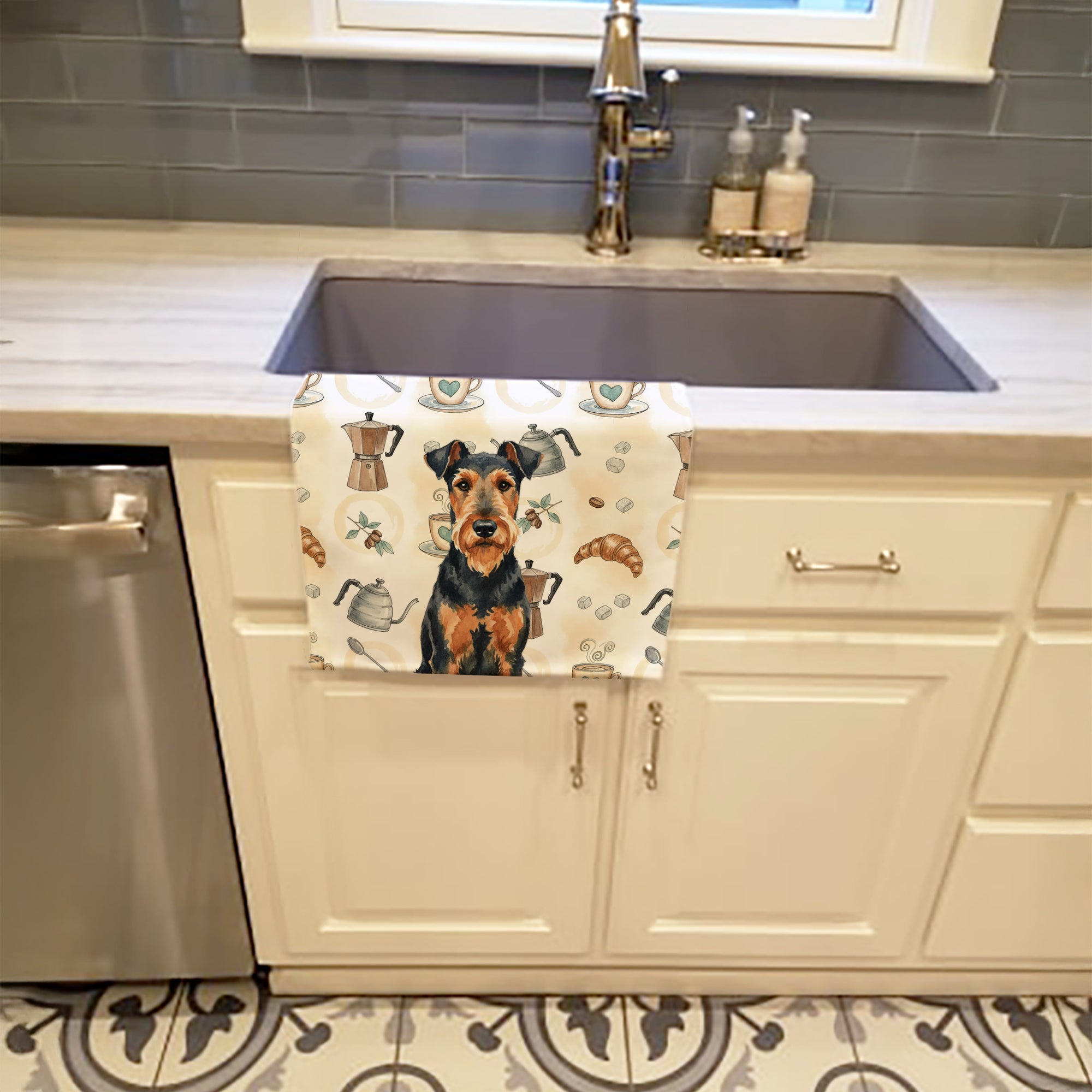 Airedale Terrier Coffee Bar Kitchen Towel Velour Plush Front and Cotton Loop Back Machine Washable