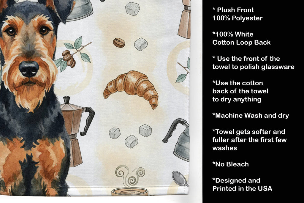 Airedale Terrier Coffee Bar Kitchen Towel Velour Plush Front and Cotton Loop Back Machine Washable
