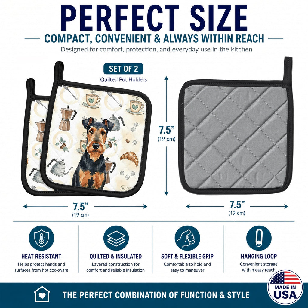 Airedale Terrier Coffee Bar Pot Holder Set of 2 Heat Resistant Quilted Hot Pads 7.5 x 7.5 Inch, Insulated Kitchen Trivets for Cooking & Baking