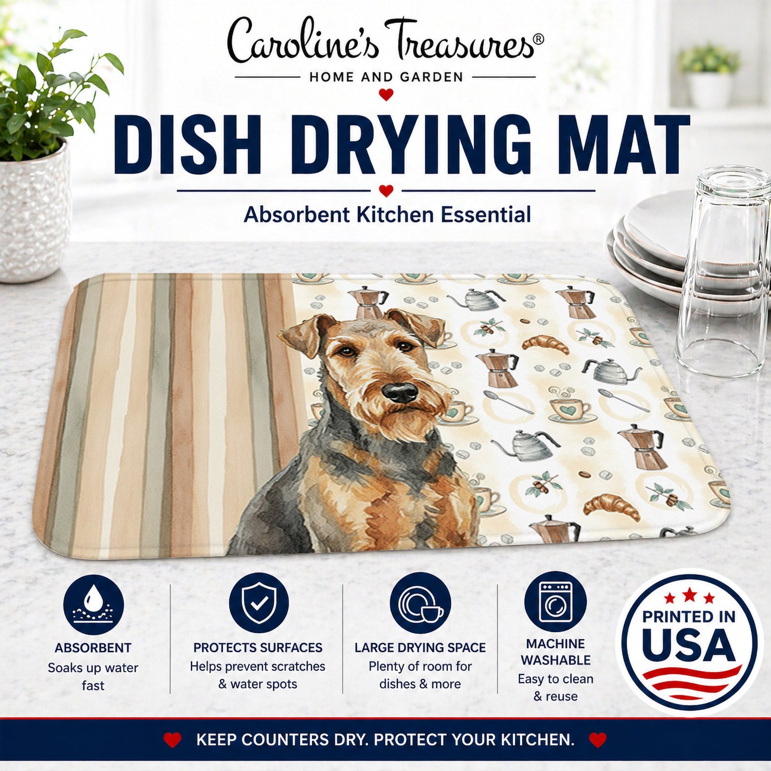Grizzle Airedale Terrier Coffee Bar Dish Drying Mat Absorbent Dish Drying Mat Pad for Kitchen Counter Dish Drainer Mat for Countertop, 14 x 21", Multicolor