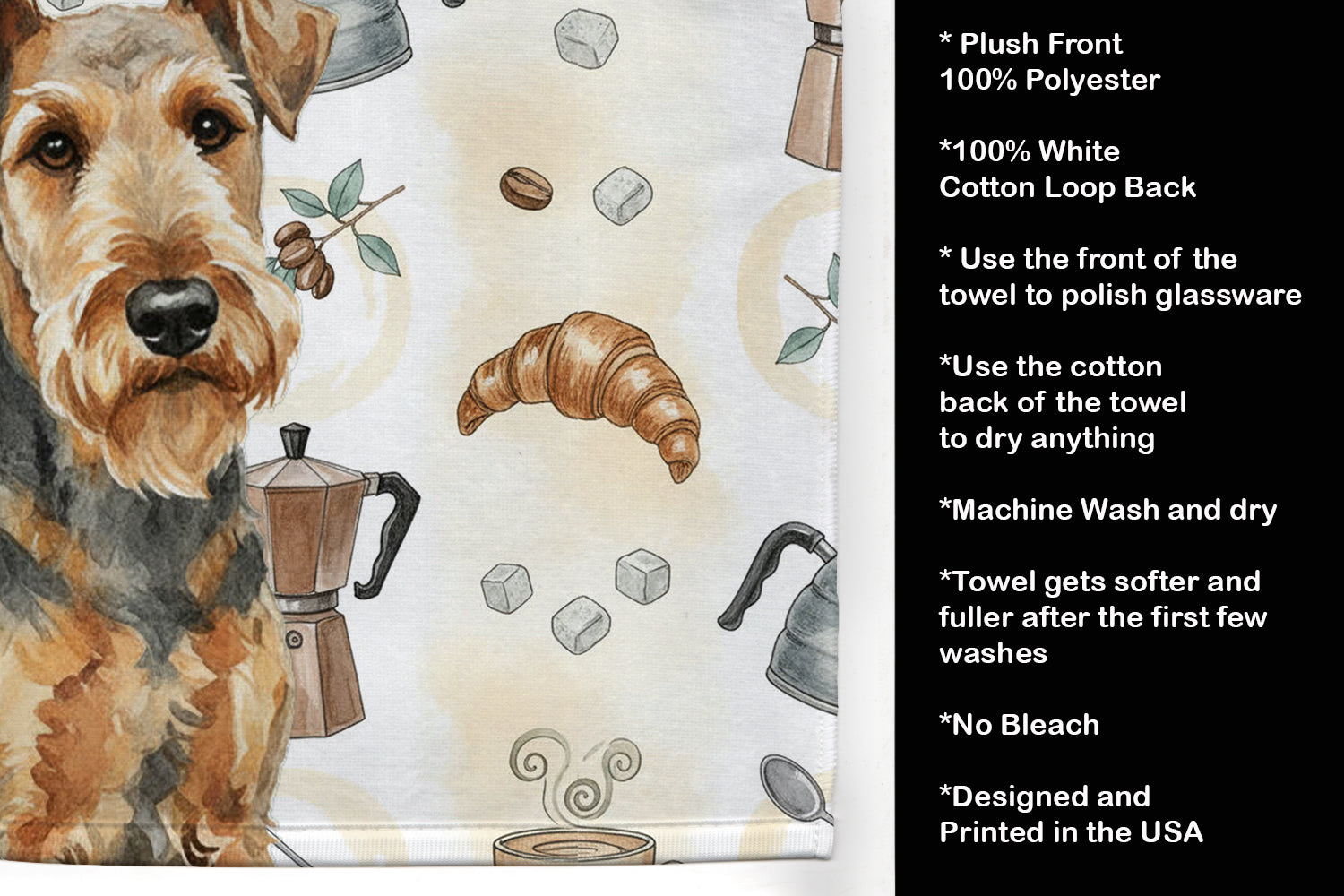 Grizzle Airedale Terrier Coffee Bar Kitchen Towel Velour Plush Front and Cotton Loop Back Machine Washable