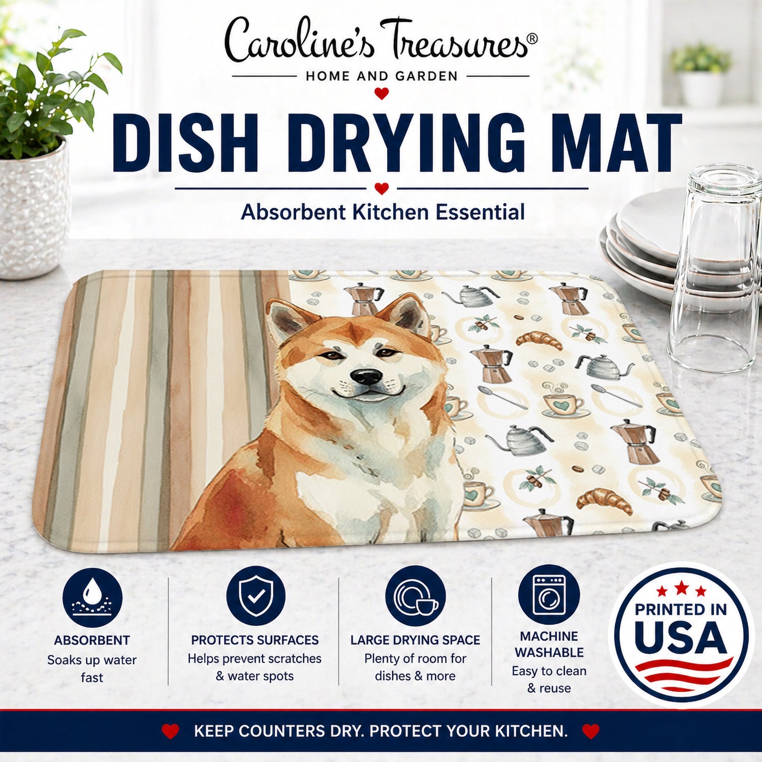 Red Akita Coffee Bar Dish Drying Mat Absorbent Dish Drying Mat Pad for Kitchen Counter Dish Drainer Mat for Countertop, 14 x 21", Multicolor