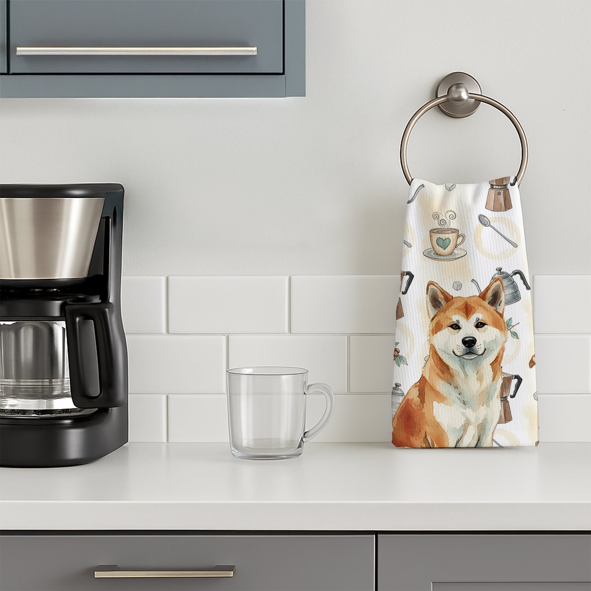 Red Akita Coffee Bar Kitchen Towel Velour Plush Front and Cotton Loop Back Machine Washable