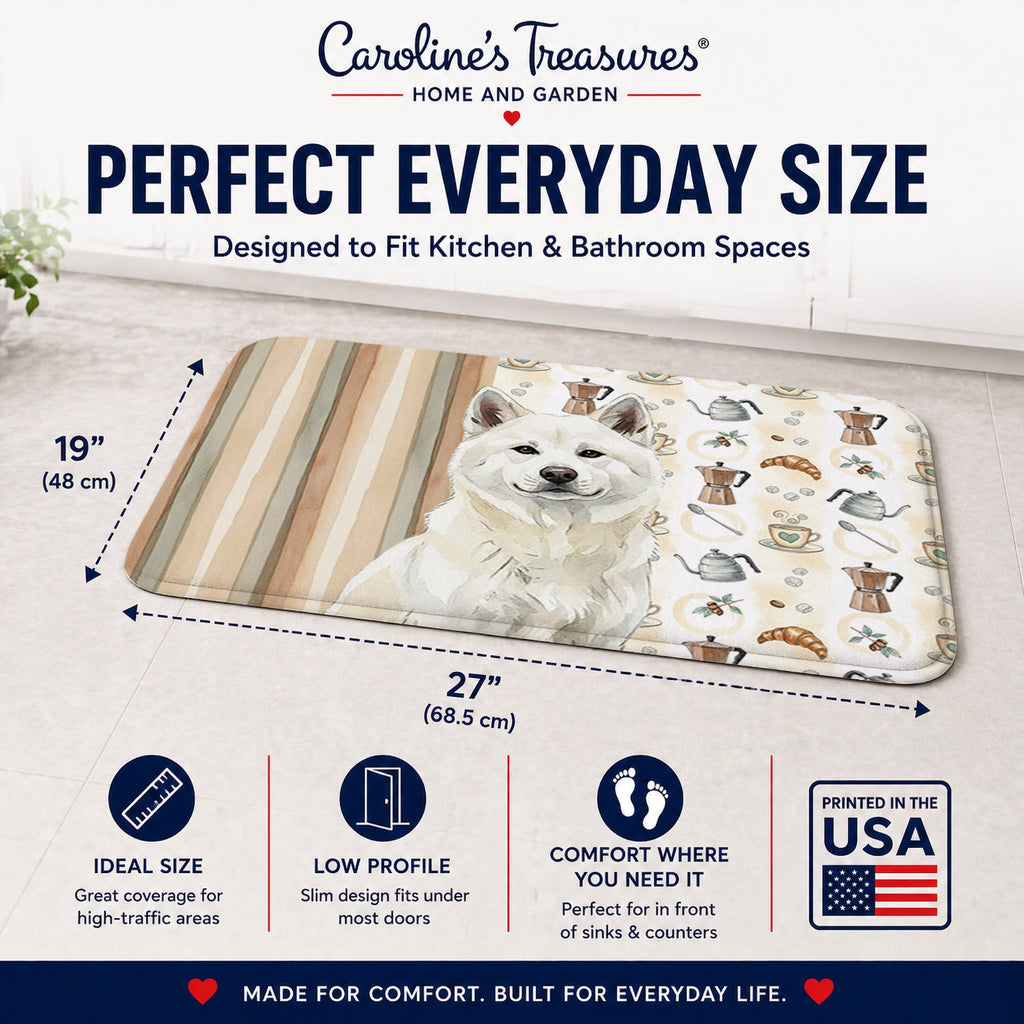 White Akita Coffee Bar Memory Foam Kitchen Mat Machine Washable Anti-Fatigue Cushion Comfort Bath or Kitchen Rug