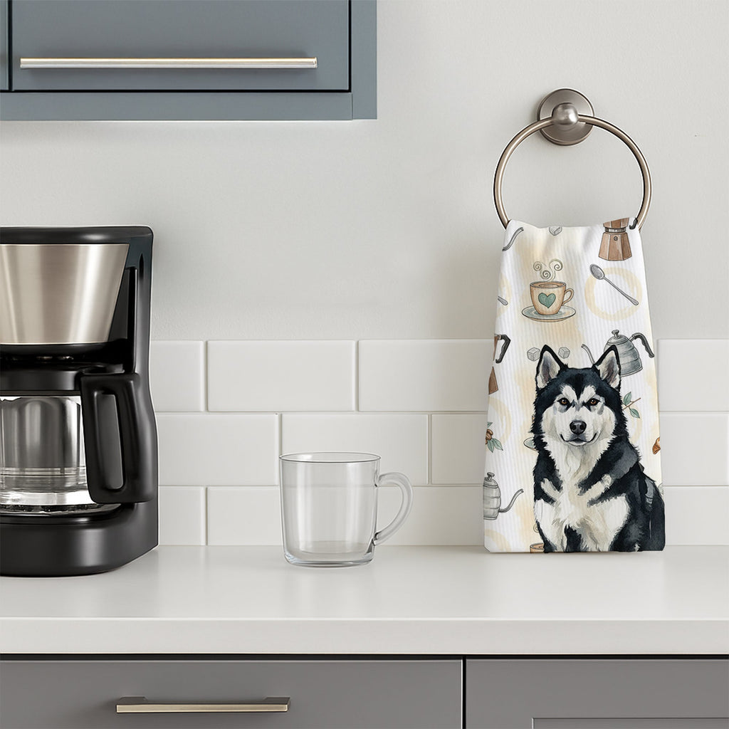 Black and White Alaskan Malamute Coffee Bar Kitchen Towel Velour Plush Front and Cotton Loop Back Machine Washable